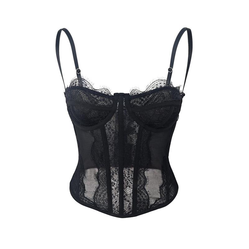 Women Sexy Lace Bustier Tops Breathable Mesh Corset Vest Hollow Backless Bustier Top S чёрный