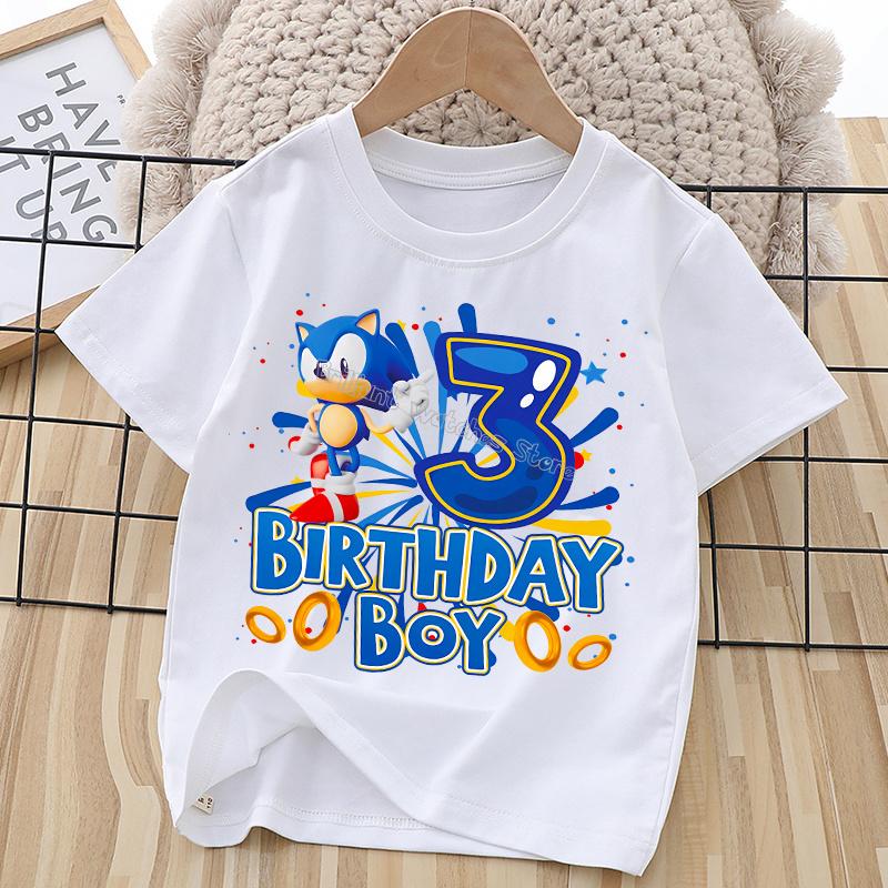Sonics Birthday Number T-shirt Children Cartoon Tee Top Round Collar Clothing Boys White Short Sleeve Kids Anime Clothes Gift
