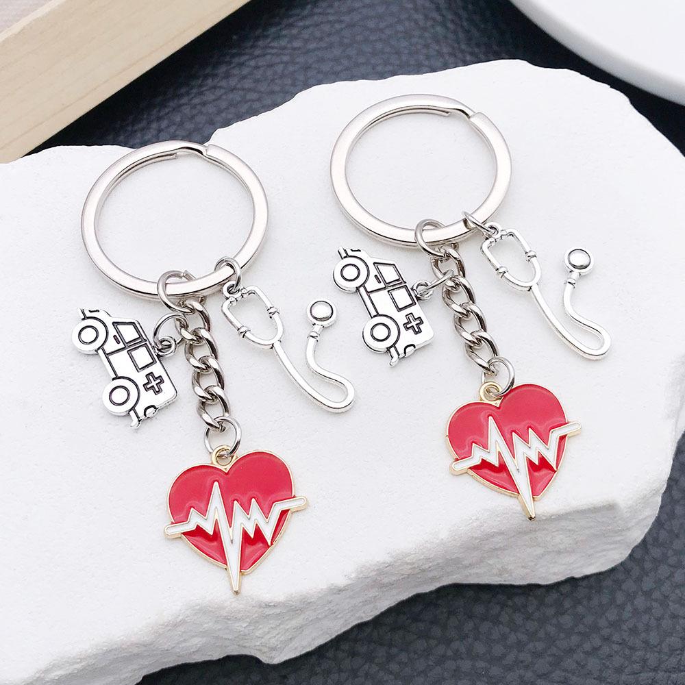 Antique Silver Medical Stethoscope Heartbeat Keychain Pendant