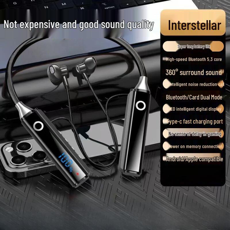 Wireless Bluetooth Earphones 003: Ultra-Long Battery Life, Power Display, Low Latency, Neckband Semi-In-Ear Design.