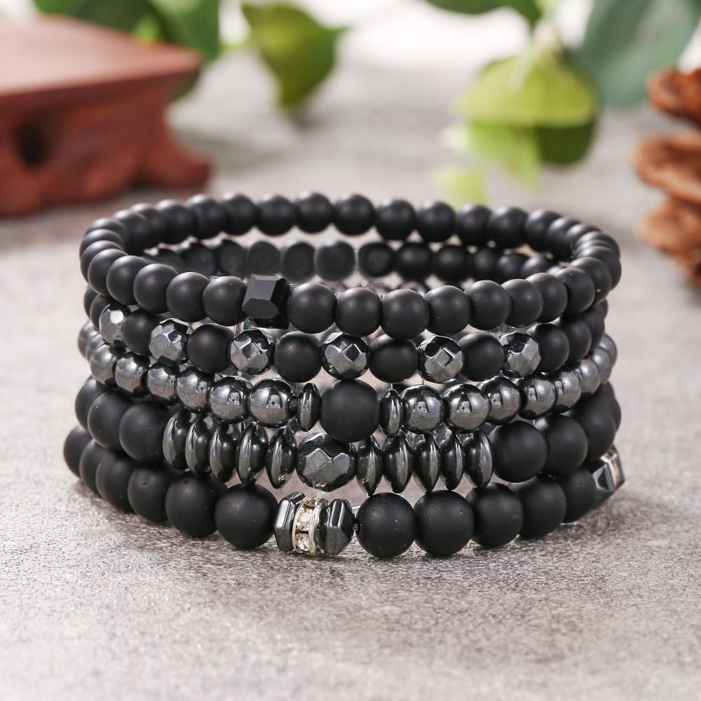 Black Matte Hematite Jewelry Set With Geometric Beads For Men And Women