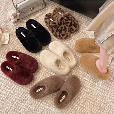 Rabbit Fur French Flat-bottomed Bag Head Fluffy Slippers for Women To Wear 2025 New Autumn and Winter One-pedal Velvet Cotton Slippers