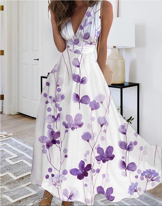 2023 Women's Summer V-Neck High Waist Sleeveless Printed Dress