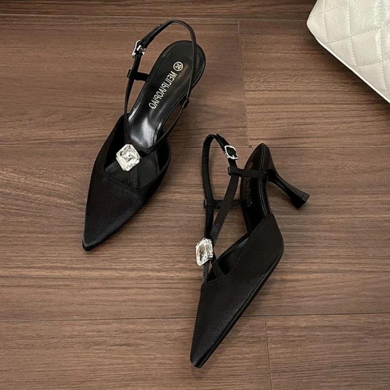 Fashion Elegant Rhinestone Narrow Band Pumps Women Sexy Pointed Toe Satin Slingback High Heeled Sandals Fashion Comfort Party Dress Shoe