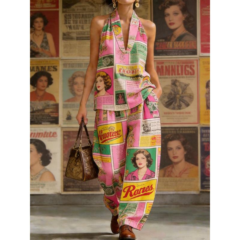 1116 set European and American women's clothing printed neck V-neck sleeveless casual pants set