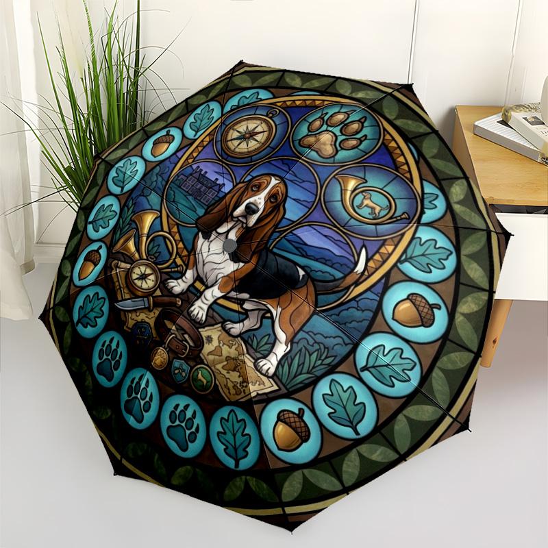 Glass Adventure Dog pattern umbrella, portable and foldable design, 8 ribs, a casual accessory for Halloween, Christmas, and birthday gifts.