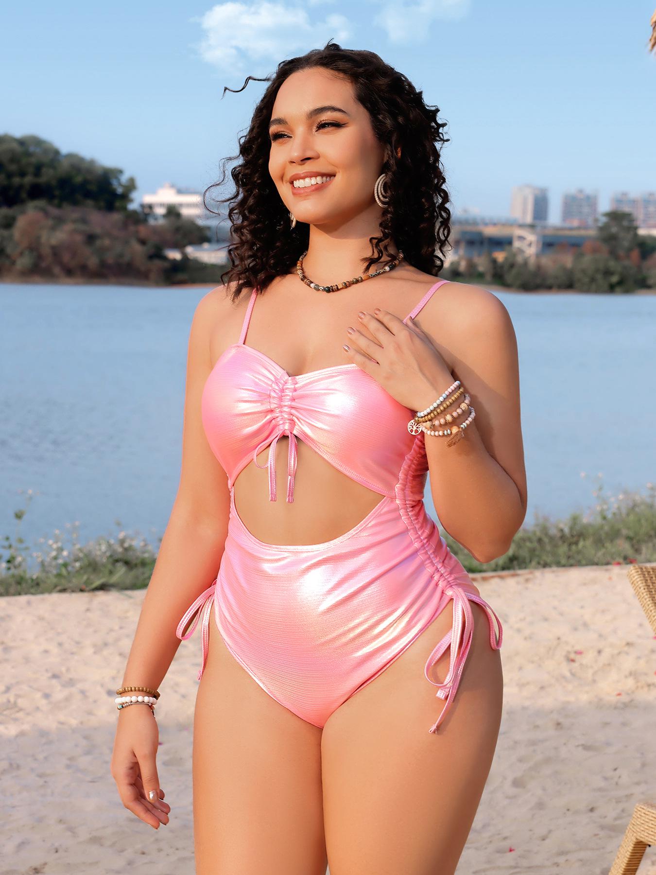 

New Sexy Plus Size Solid Color Drawstring One-Piece Women s Swimsuit T706 4XL рожевий