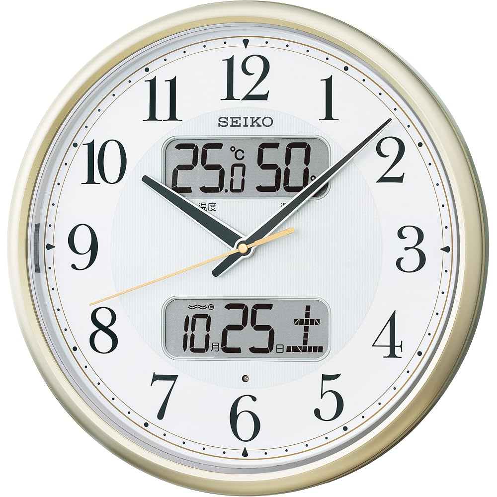 SEIKO CLOCK KX384S Analog Radio-Controlled Wall Clock with Calendar, Temperature and Humidity Display, and Automatic Illumination (Light Gold)