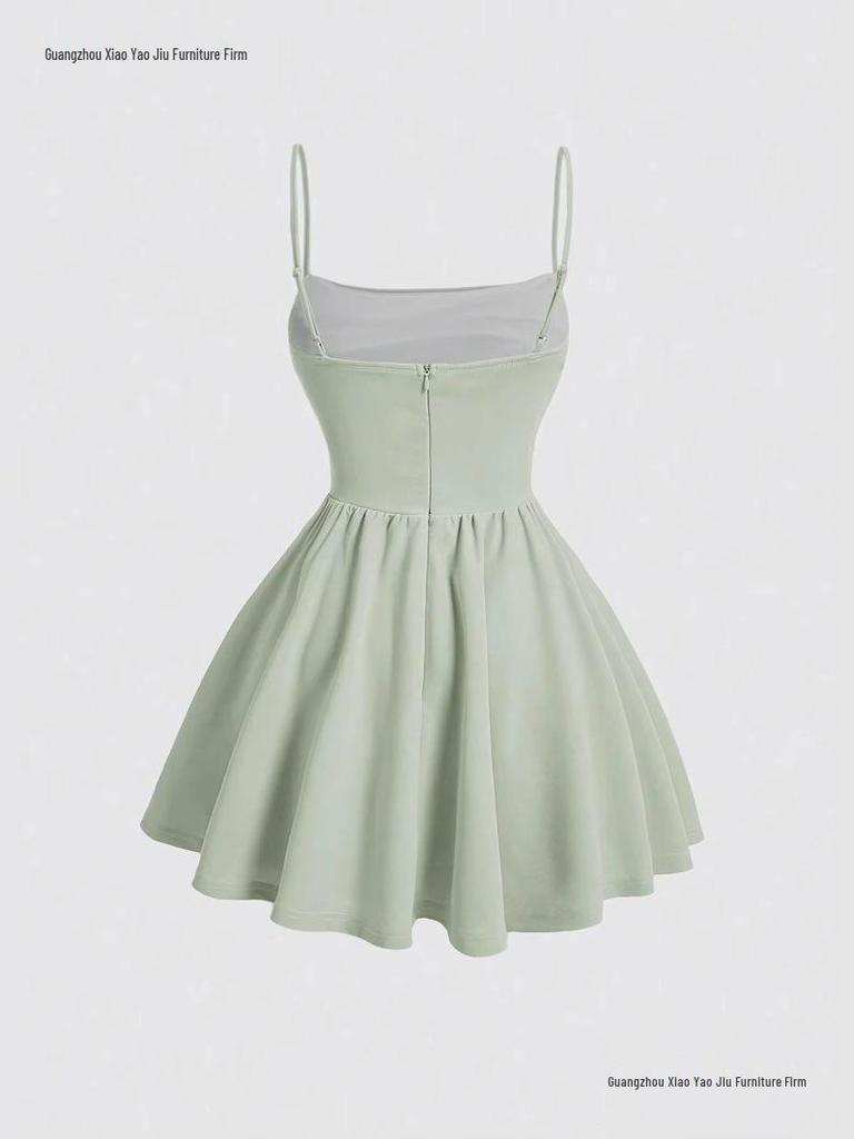 New Summer Fashion Evening Gown: Sexy Solid Color Pleated Dress with Back Zipper & Spaghetti Straps