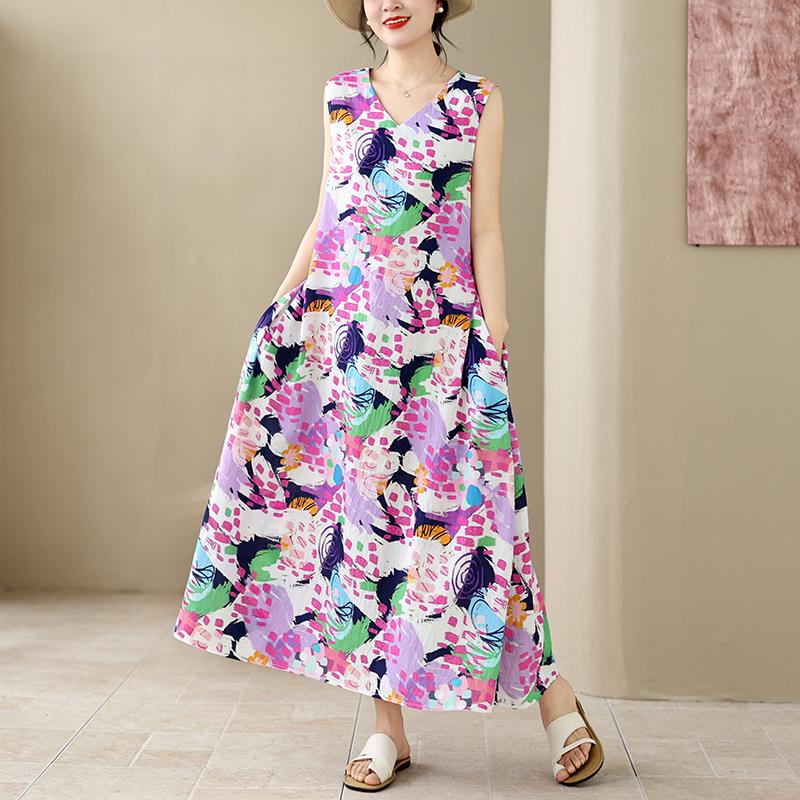 DIMANAF New 2026 Women Plus Size Summer Lady Long Dress Loose Oversize Maxi Floral Print Beach Sundress Clothing Vest Sleeveless