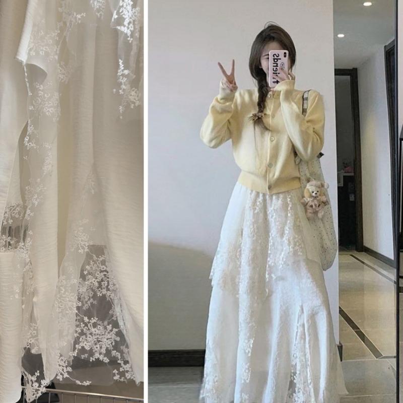 Korean heavy industry lace mesh skirt spring and summer new big pendulum a word skirt design sense niche long skirt tide