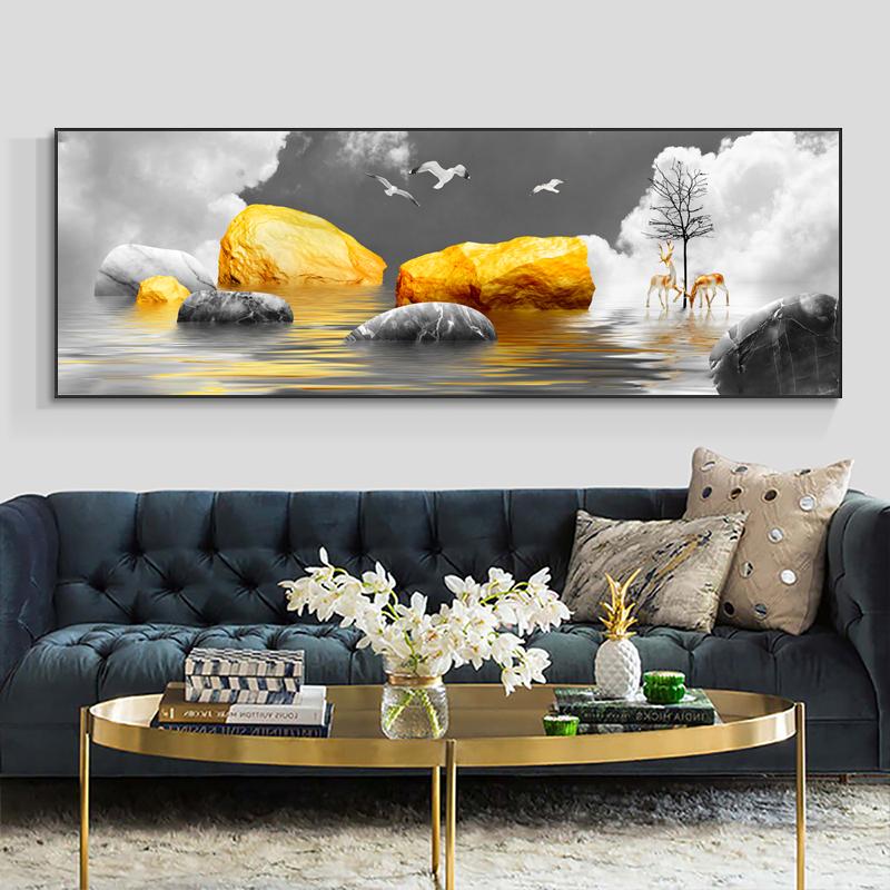Abstract Golden Lucky Stone Posters and Prints Modern Canvas Painting Wall Art Pictures for Living Room Deer Home Decor No Frame