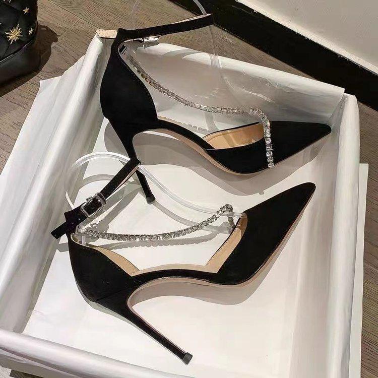 Women's Black Stiletto Heels 2025: Fashionable Pointed Toe, One-Strap Buckle, Rhinestone Closed-Toe Sandals.