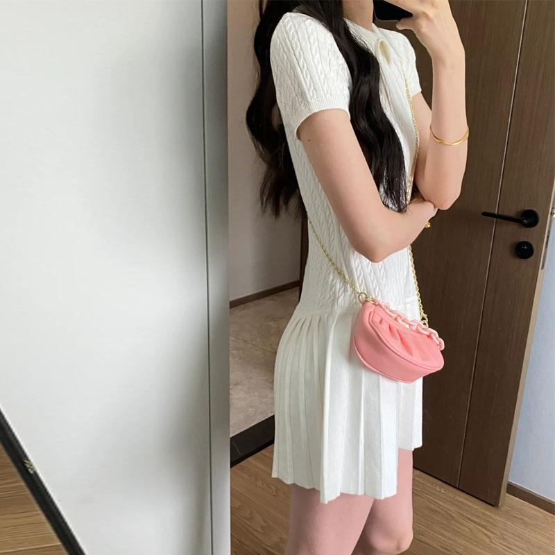 Women's White Cable Knit Patchwork Dress with Polo Collar and Pleated Skirt – Slim Fit Summer Mini Dress