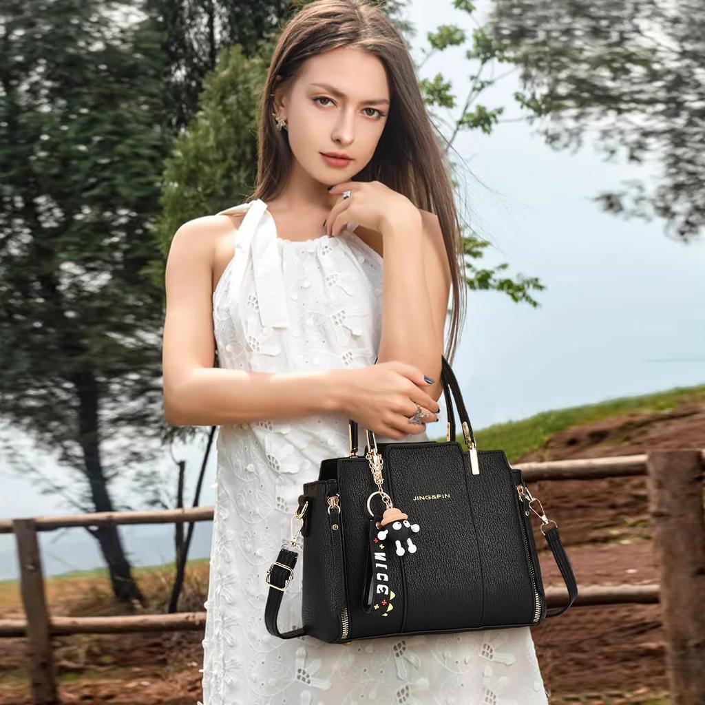 NICOLE & DORIS Damen-Umhängetasche mit Anhänger, Stilvoll, 2-Wege, Wasserdicht, Unterteilt, Doppellagig, PU-Leder, Perfekt für Pendeln, Reisen und