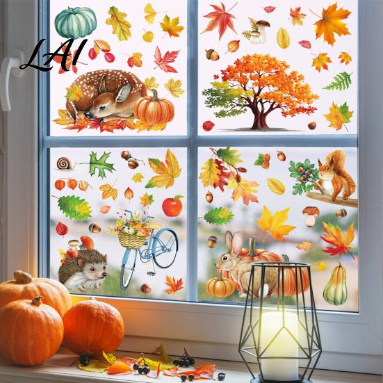 Decorative Fall Window Scenes for School 9PCS Autumn Forest Animal Clings Thanksgiving Maple Leaf Pumpkin Stickers Art Balcony Removable Decals Home