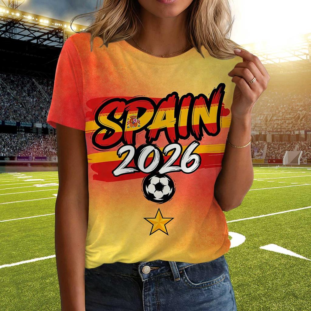 Women Casual Pullover T Shirt Short Sleeve Crew Neck Letter Print Top for Spain 2026 Soccer Support Fans