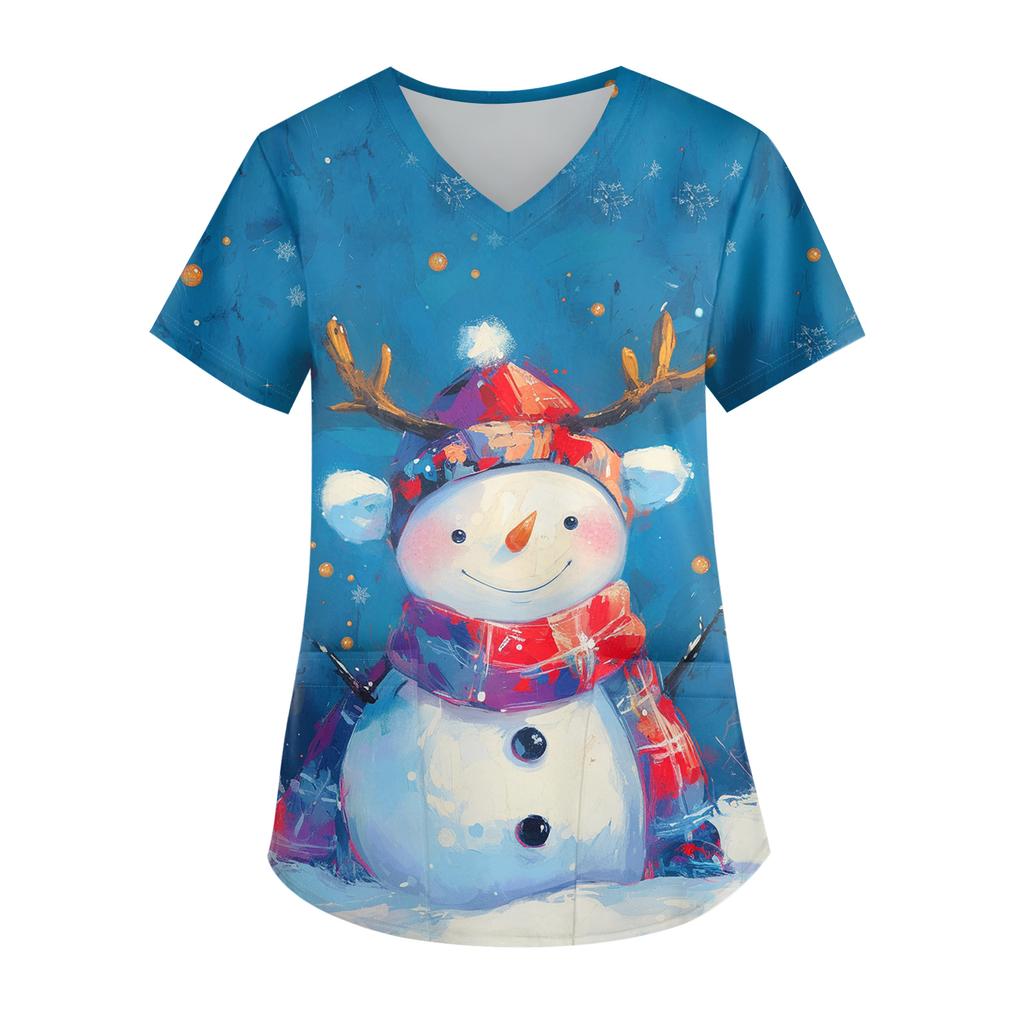 Ladies' Christmas Printed Fashionable V-neck Pocket Short Sleeved Uniform And Caregiver Top