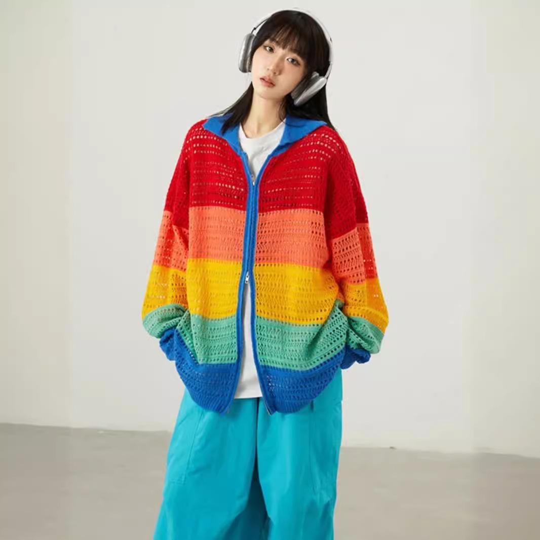 

Женский кардиган радужной вязки свободного кроя – Летне-осенняя ажурная тюлевая куртка с защитой от солнца Double Extra Large