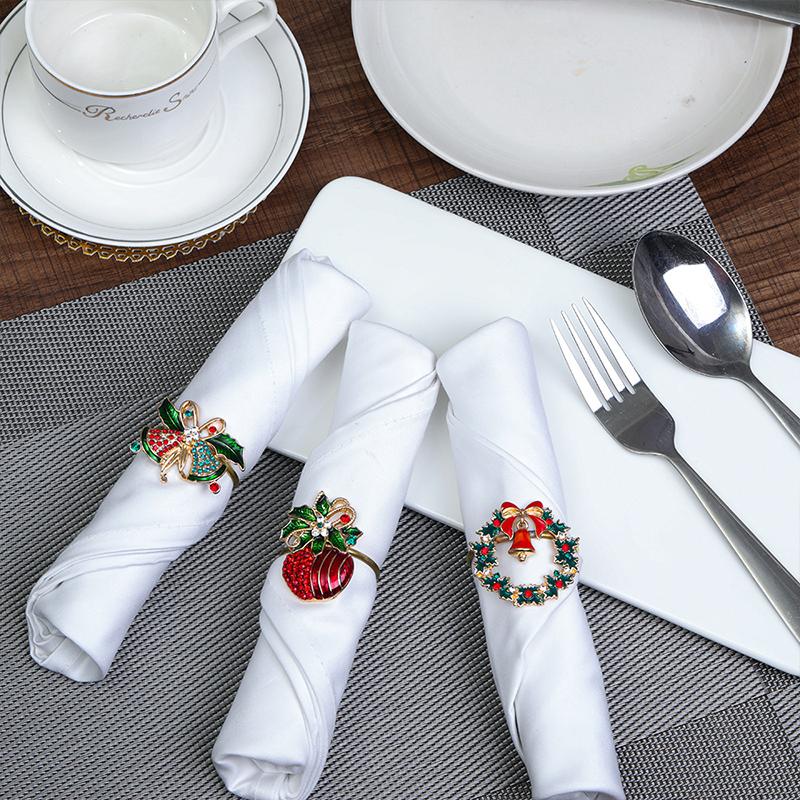 Christmas Napkin Ring Metal Xmas Bell Elk Napkin Holder Flower Wreath Rings Wedding Banquet Hotel Table Decoration Accessories