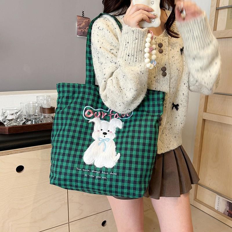 Checkered Embroidered Puppy Printed Canvas Shoulder Bag Outdoor Crossbody Bag