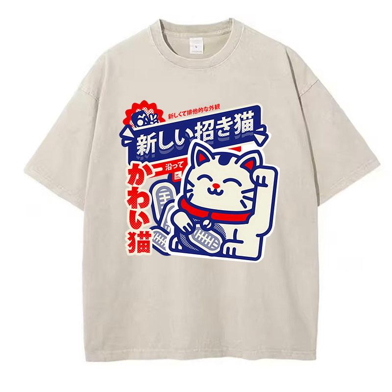 Manga T Shirt Vintage Washed Cotton T-Shirt Japanese Style Anime Cat Graphic Tee Casual Streetwear Spring Tops