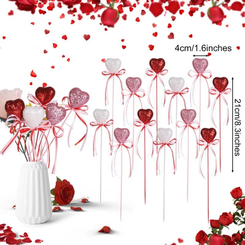 10Pcs Glitter Foam Heart Picks Stick for Valentine's Day Mother's Day Gift Vase Decoration Birthday Party Cake Toppers