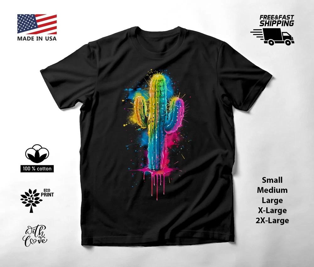 Desert Cactus Neon Graphic T-Shirt Black Unisex S-2XL