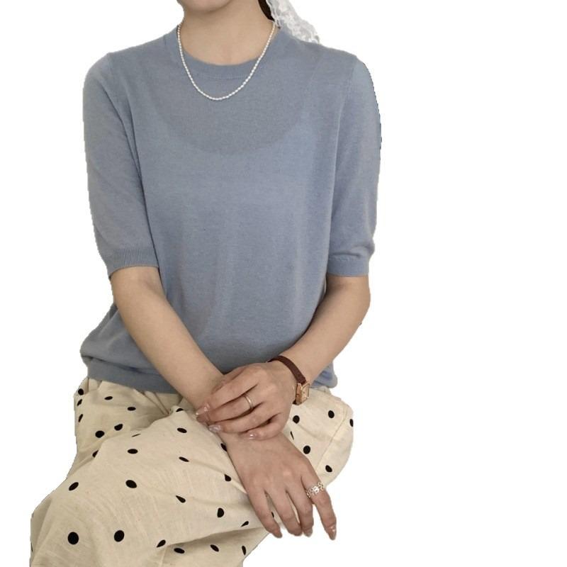 Crew neck versatile loose 0 wool sweater top early autumn model with thin simple knitted sweater women