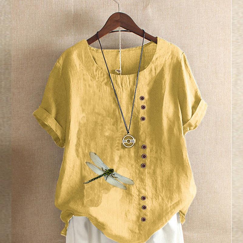 Women's Fashion Round Neck Short Sleeve T-shirt Casual Cotton Linen Graphic Shirt Leisure Loose Dragonfly Prined Summer Blouse Tops