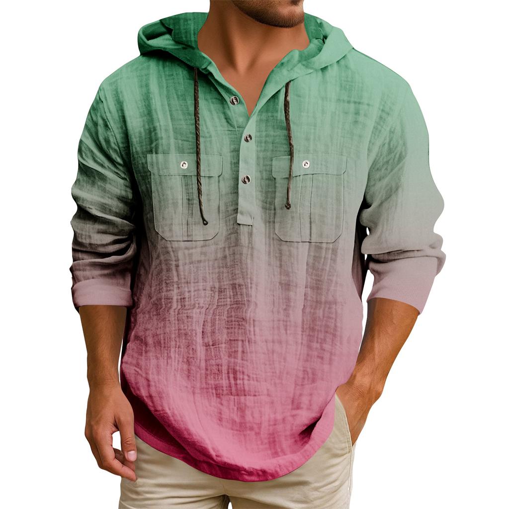 Men's Hooded T-shirt Gradient Color Cotton And Linen Men's Casual Long-sleeved Top
