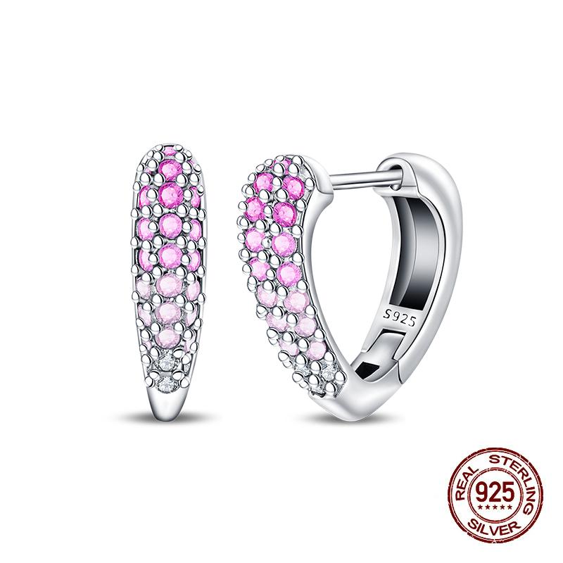 New Earring For Women 925 Silver Sparkling Cordate Zircon Pink Bow Princess Double Hoop Earrings Luxury Festival Party Jewelry