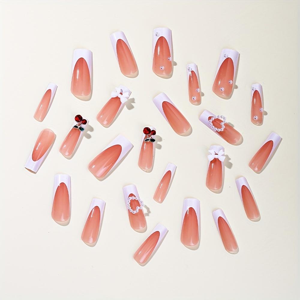 24 ks Bílé francouzské tipy Lisovací nehty Dlouhé rakev Kamínkový mašličkový perlový Lepicí nehty Lesklé Plné krytí Čtvercové Umělé nehty Pro ženy a dívky