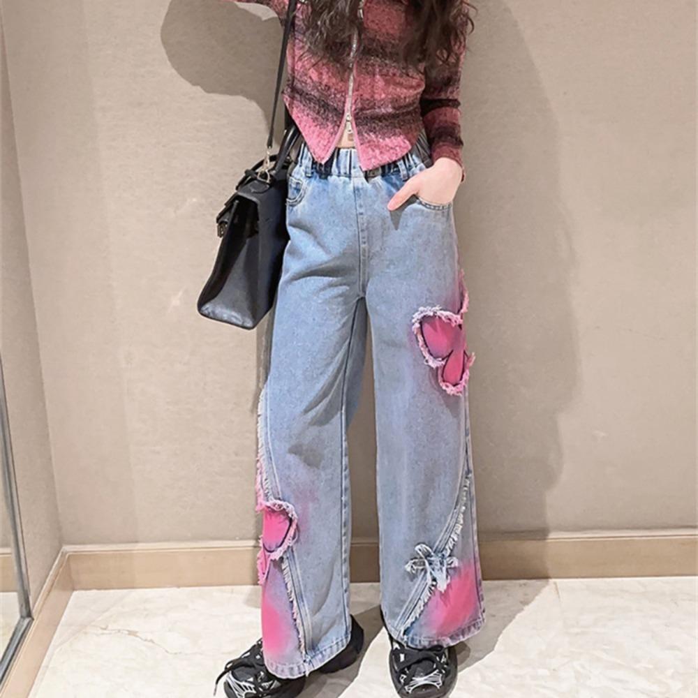 2025 Big Hot Deals Girls Fashion Spray-Painting Butterfly Denim Wide Leg Pants High Waist Korea Style Long Jeans Teens Trousers