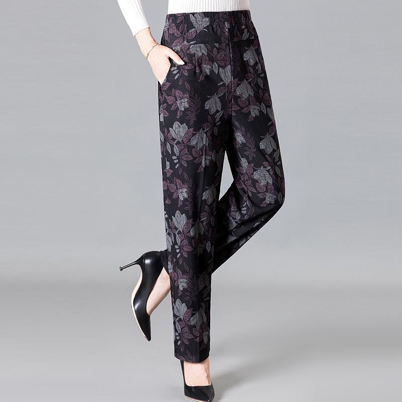 Women's Fleece-Lined Pants, Loose Straight Leg for Middle-Aged/Elderly, Patterned Plus Size, Mom's Style, Fit for All Seasons (Spring, Autumn, Winter)