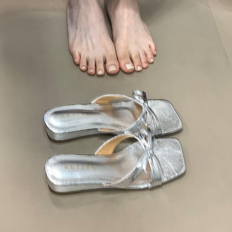 Self-kept Version~ Fairy Wind Square Head Cross One-word Slippers, Female 2025 Summer Bow with Skirt Cool Slippers