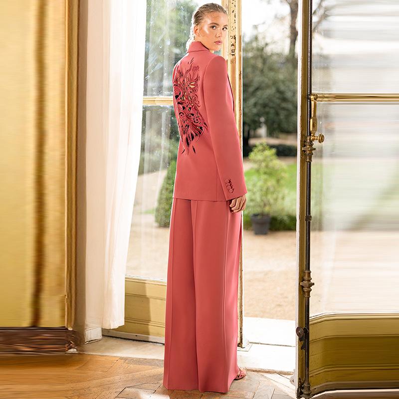 Available 2025: European & American Fashion Embroidered Hollow-Out Suit Jacket & Straight-Leg Pants Set.