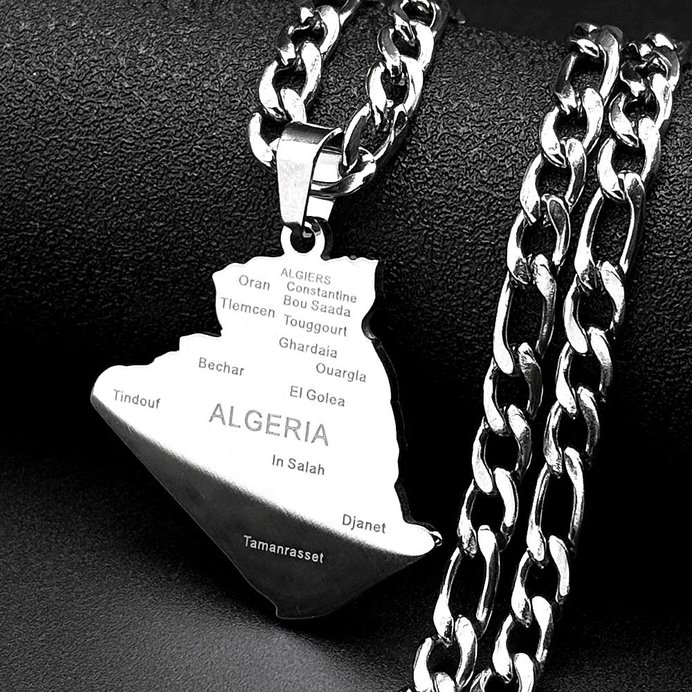 Algeria Map Pendant Necklace for Men Women Stainless Steel Gold Color Country National Geography Major Cities Chain Jewelry