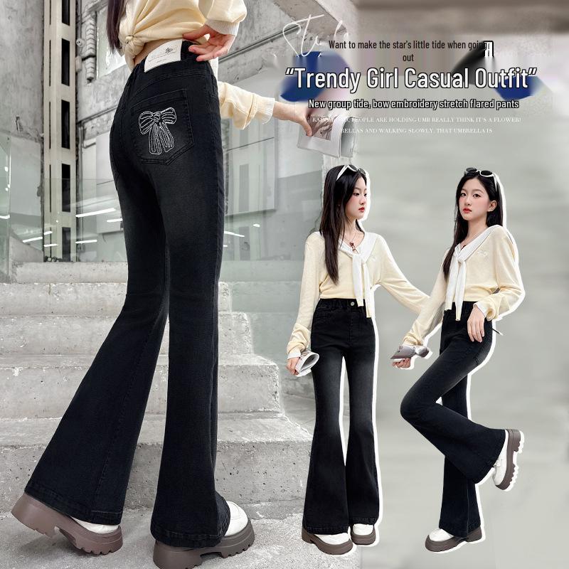 Girls' Flared Jeans with Bow - Autumn 2025 Fashion