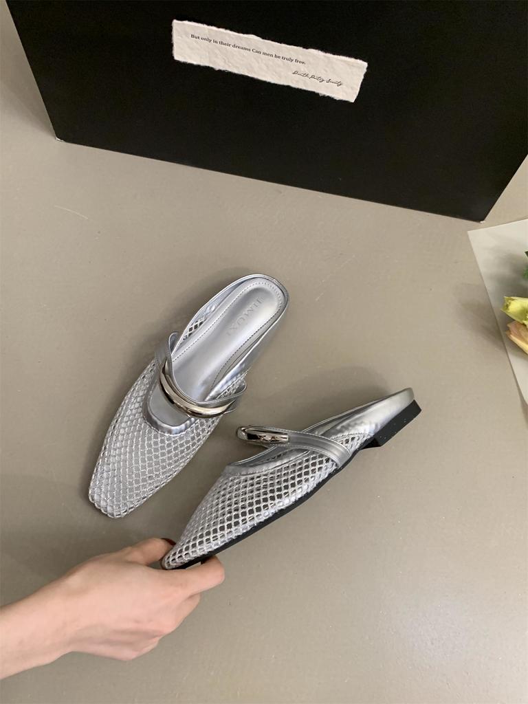 Fashion Women Mesh Ballet Flats Fishnet Ballerina Flats Buckle Strap Slip On Ballerina Shoes Summer New Mesh Beach Slides Outside Mules