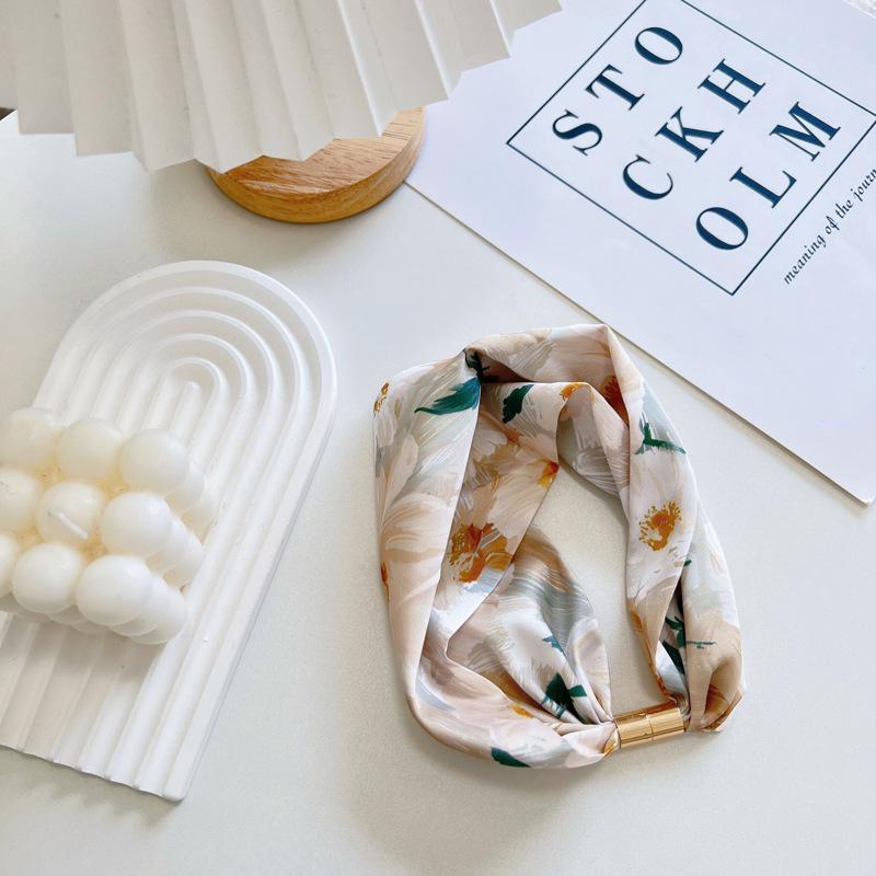 Korean Style New Fahion Silk Scarf Pearl Necklace Decoration Printed All-Matching Vintage Scarf Professional Lady Small Scarf