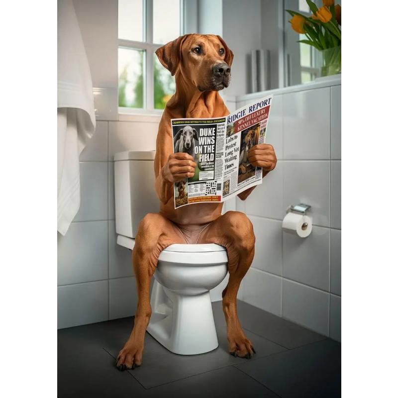 Modern Lion Dog Highland Sitting On Toilet Reading Newspaper Poster Funny Animal Print Canvas Painting Bathroom Decor Picture