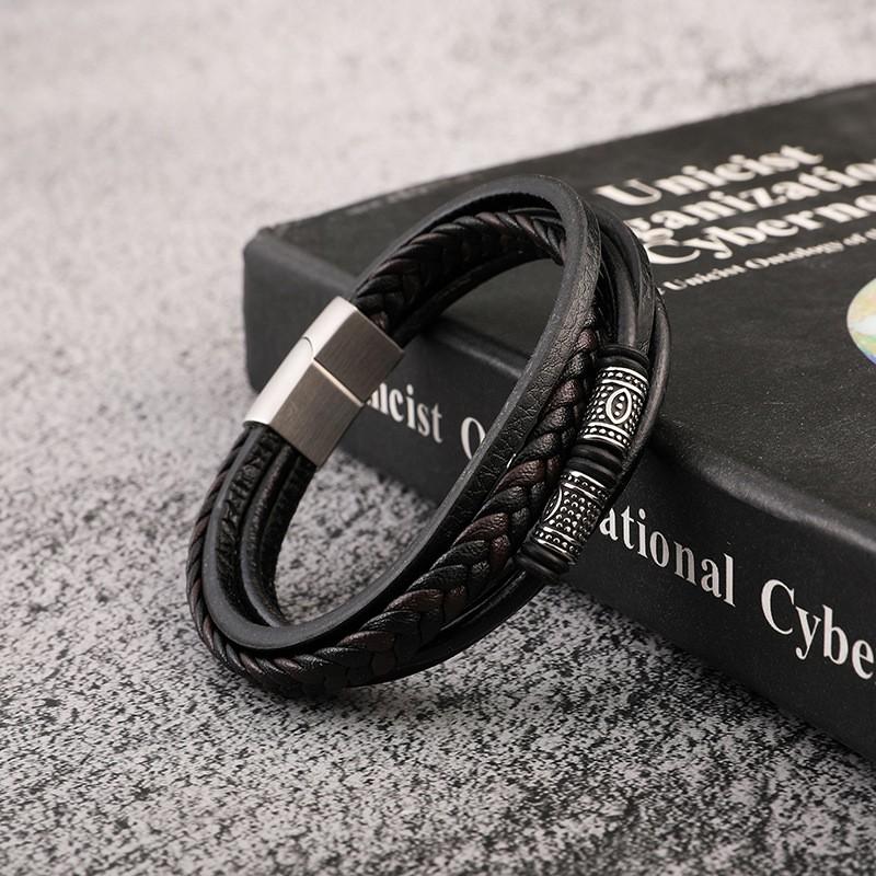 Mens Stainless Steel Braided Bracelet With Magnetic Clasp Multi-Layer Leather Wristband Geometric Design
