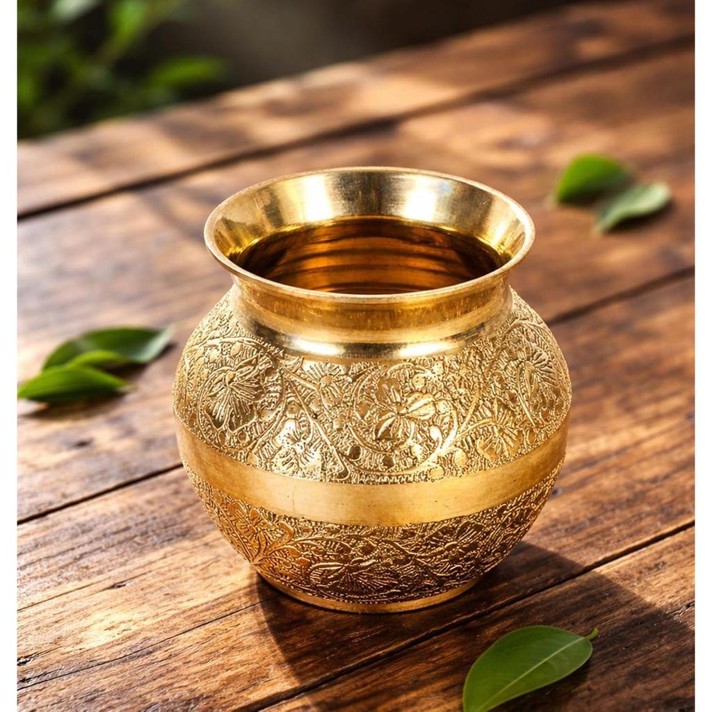 Rise Pure Brass Lota for Puja, Kalash for Pooja (400 ml, 1 Piece) Handcrafted Floral Design Brass Vessel