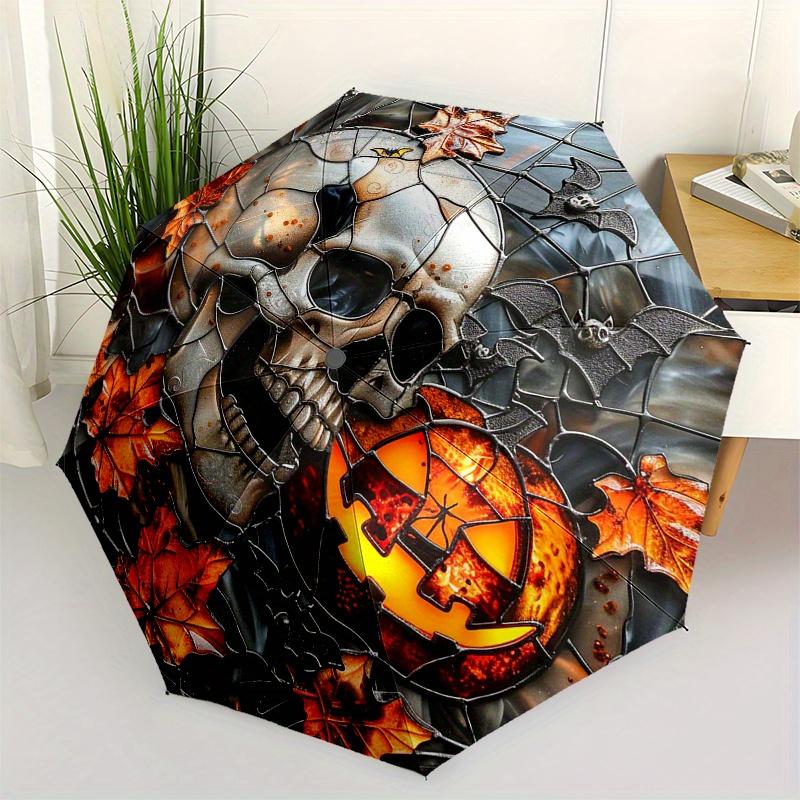 

Halloween Skull & Pumpkin Stained Window DecorationUmbrella, PortableFold Compact Umbrella for Men & Women Gift