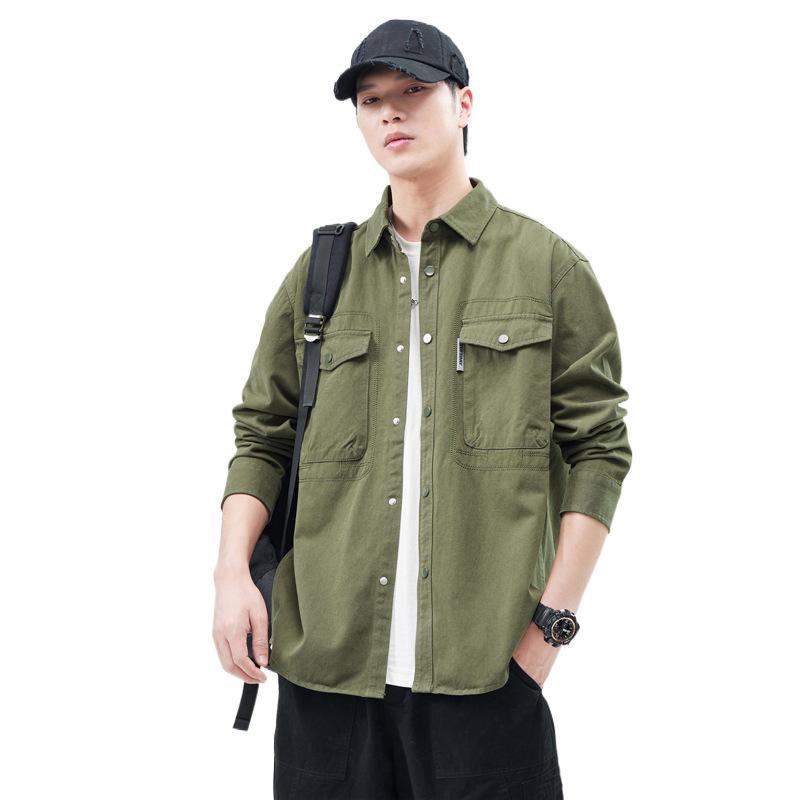 Heavy Washed Cotton Japanese Retro Trendy Brand Loose Casual Shirt Jacket Army Green Dark Gray Jujube
