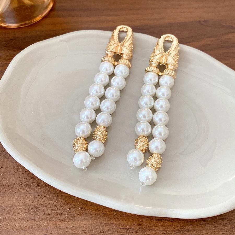 Silver needle French retro geometric double-layer pearl fringed earrings light luxury high-end stud earrings fashion temperament earrings women
