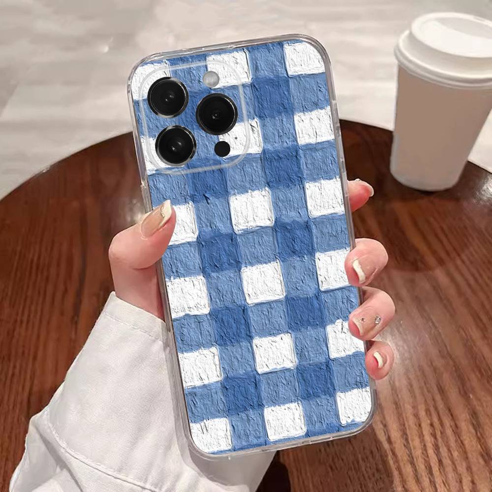 Ins Korean Blue Striped Grid Phone Case For iPhone 17,16,15,14,13,12,11 Plus,Pro,Max,XR,XS,Plus,E,SE4,Mini Transparent Cover