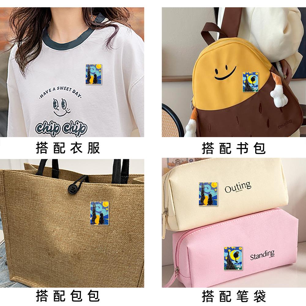 Cartoon Van Gogh Oil Painting Brooch Personality High Sense Abstract Art Wind Cat Looking Up At the Stars Metal Badge Accessories