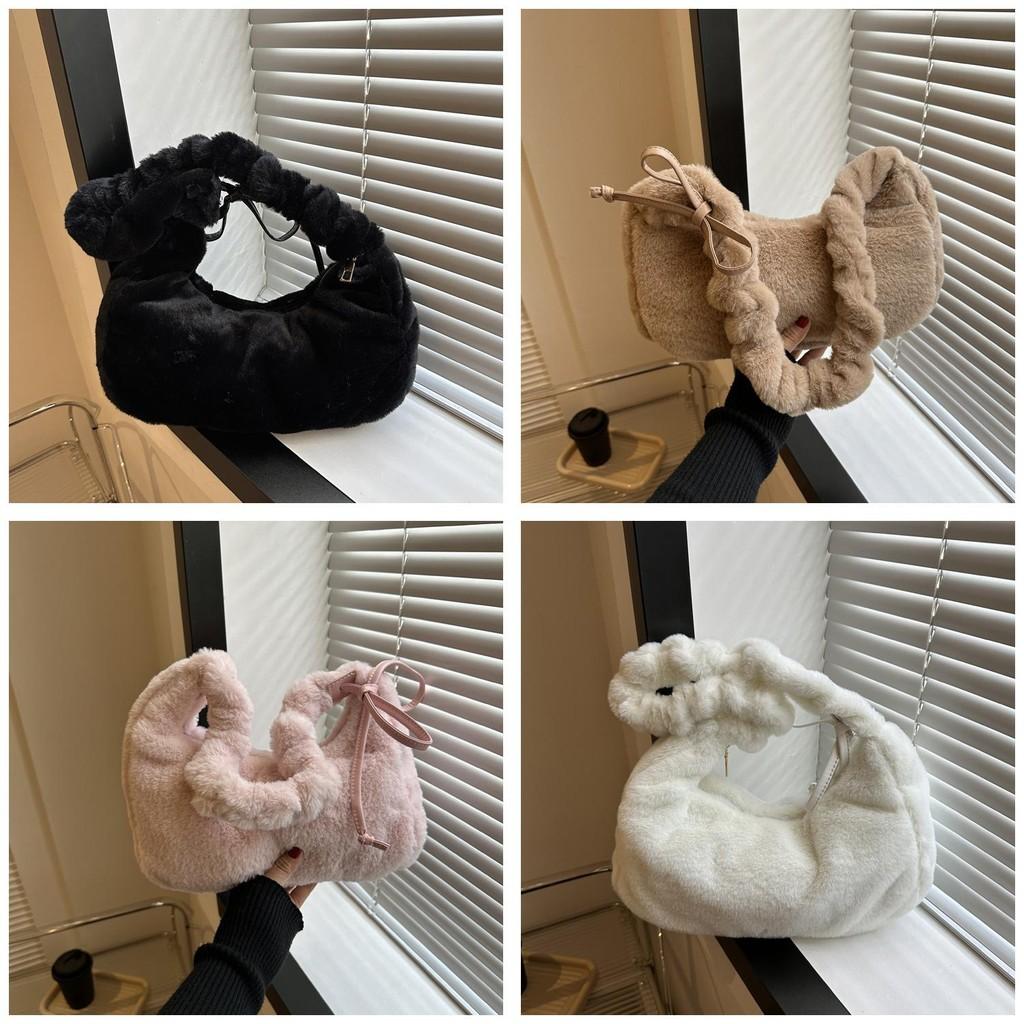 Solid Color Bow Decoration Plush Shoulder Bag With Zipper Closure For Daily Use